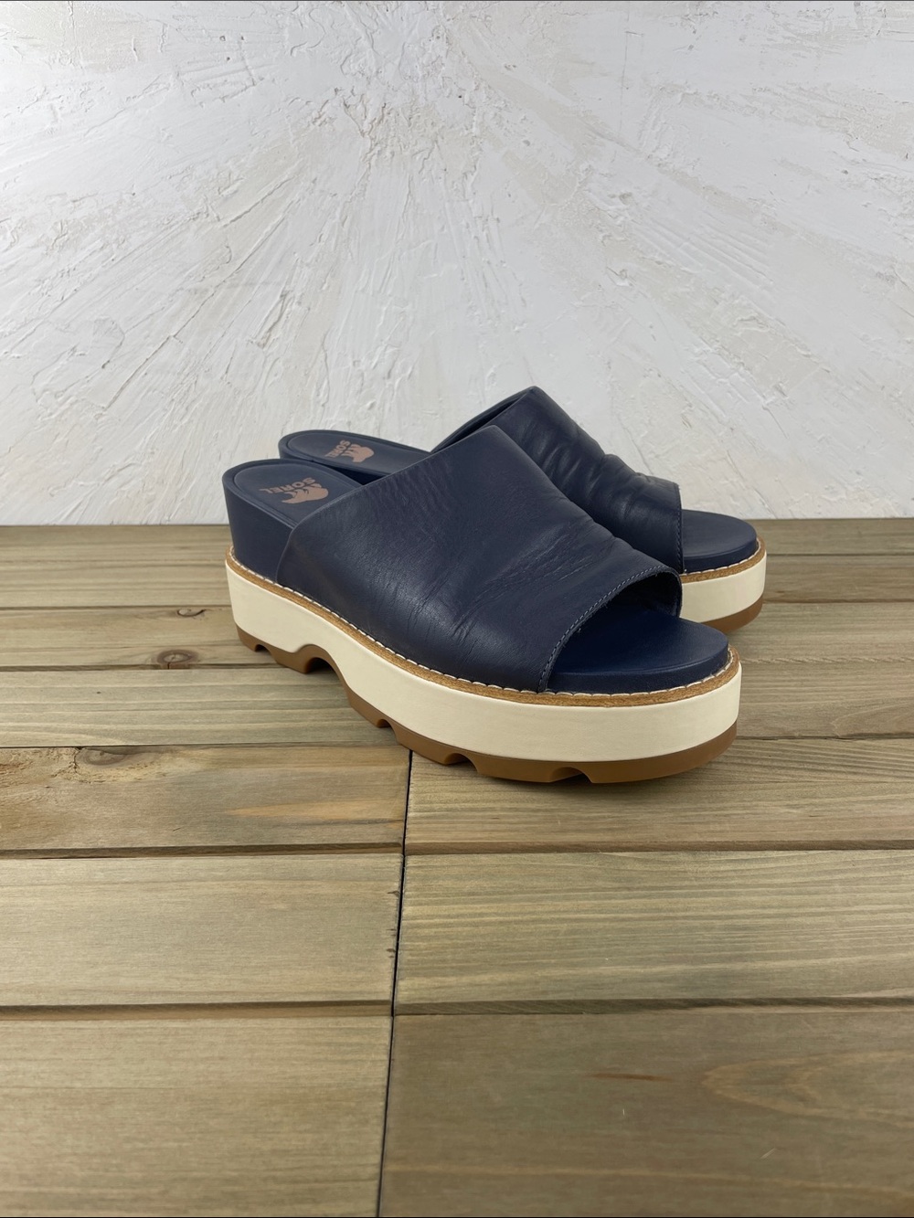 Sorel Navy Leather Platform Slide Sandals